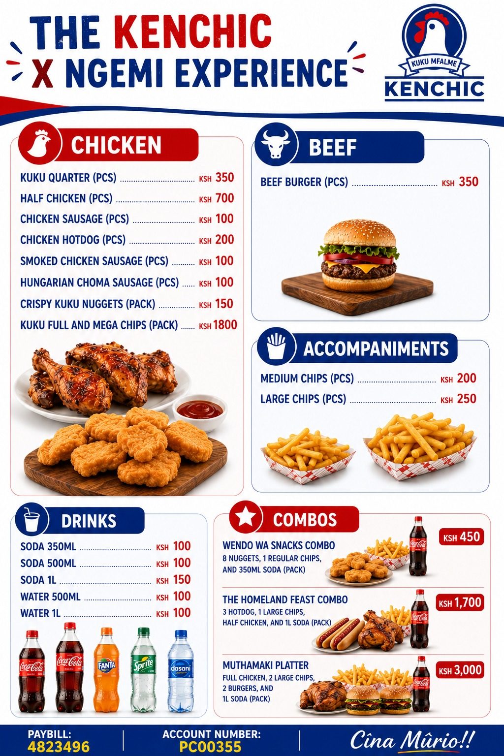 The Kenchic x Ngemi Experience menu — chicken, beef, accompaniments, drinks, and combos. Paybill 4823496, Account PC00355.